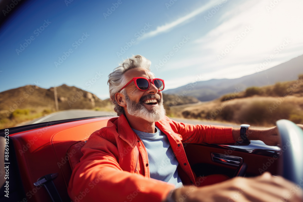 Fototapeta premium Mature man riding a red vintage retro cabriolet car. Generative AI