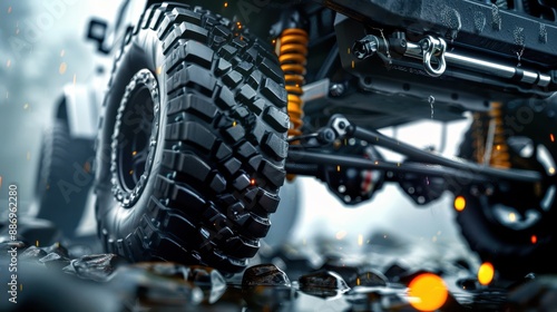 Close-up of rugged off-road vehicle's suspension and tire on rough terrain, showcasing durability and performance in extreme conditions.