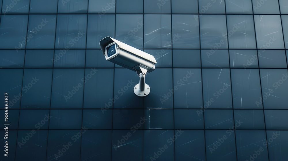 Modern security camera mounted on a sleek, dark building facade for surveillance and privacy protection. Modern security camera mounted on a sleek, dark building facade for surveillance and privacy protection.