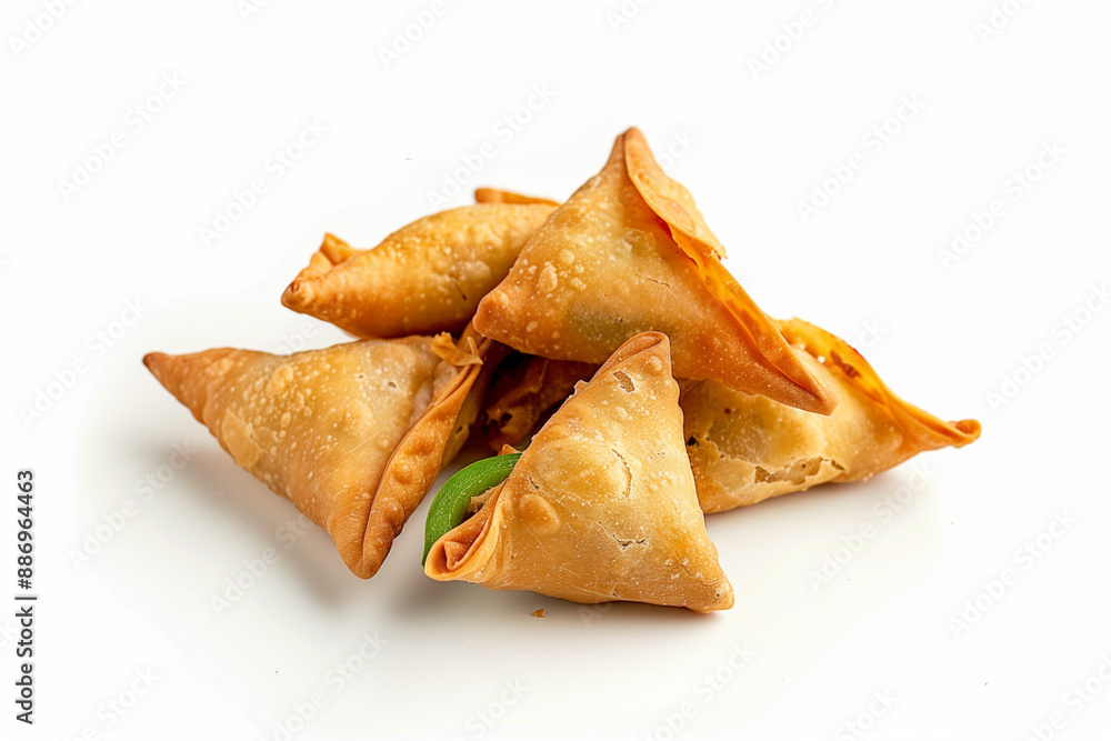 A photo of small samosa pieces filled with chicken, green pepper, and onion isolated on a white background.
A photo of small samosa pieces filled with chicken, green pepper, and onion isolated on a white background.