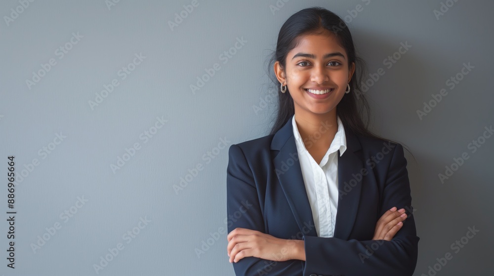 Confident Young Indian Businesswoman with Crossed Arms, Professional Attire, Diverse Workplace, Corporate Setting, Business Card Design Confident Young Indian Businesswoman with Crossed Arms, Professional Attire, Diverse Workplace, Corporate Setting, Business Card Design