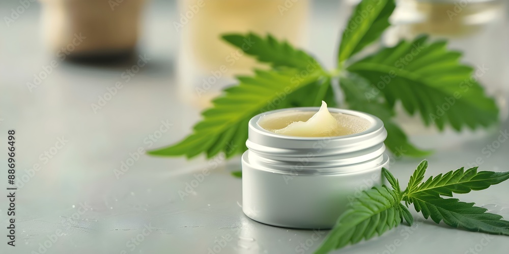 Closeup of CBD lip balm jar with cannabis leaves and bottles. Concept CBD Products, Cannabis Leaves, Eco-Friendly Packaging Closeup of CBD lip balm jar with cannabis leaves and bottles. Concept CBD Products, Cannabis Leaves, Eco-Friendly Packaging