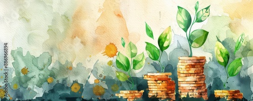 Abstract watercolor painting of green plants growing from stacks of coins.