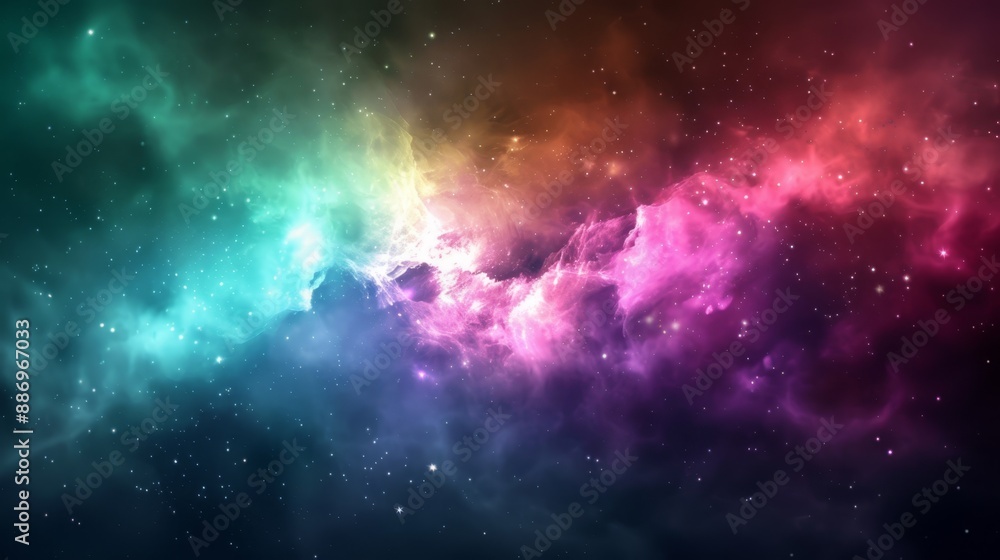 Fototapeta premium A vibrant expanse teeming with countless stars and a sky painted in rainbow hues, dotted with stars