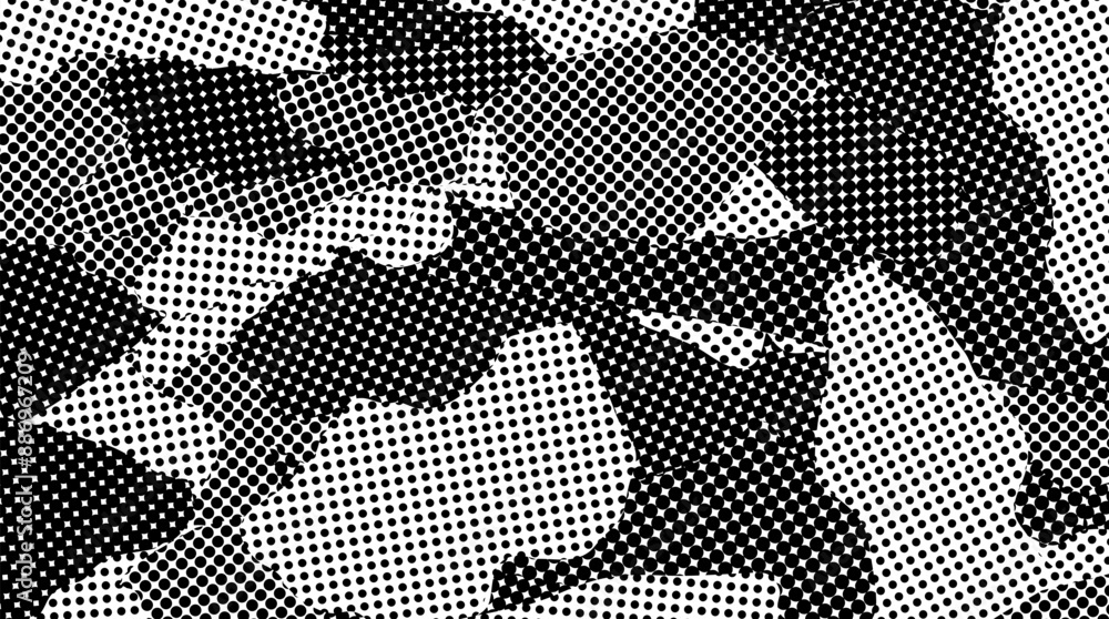 Fototapeta premium Abstract background with halftone torn piece shape in collage comic style. Wallpaper with black grunge black paper.