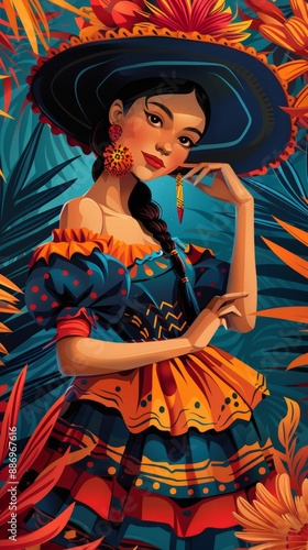 Tropical Mexican-style woman in vibrant dress
