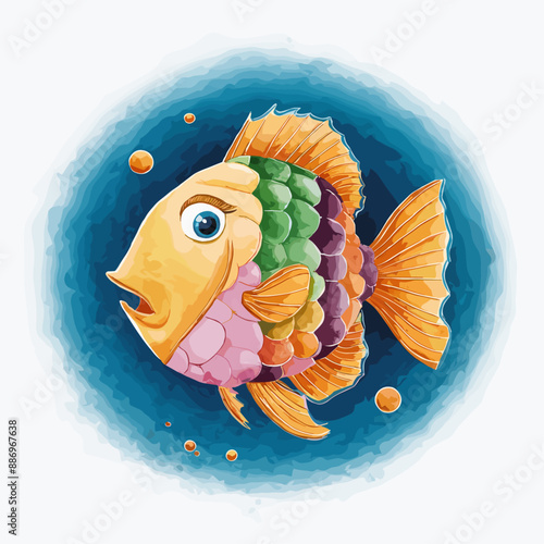 Watercolor aquarium scary surprised fish. Tropical colorful vector illustration of fish isolated on the background