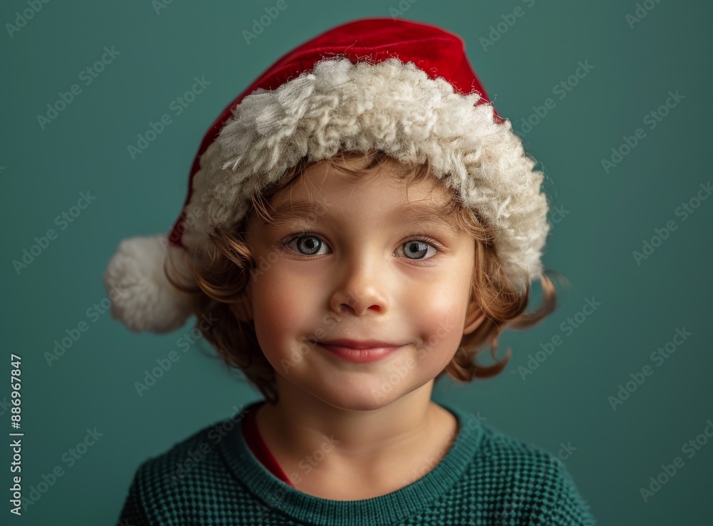 Happy young boy wearing a Santa hat on a green background, celebrating Christmas holidays Happy young boy wearing a Santa hat on a green background, celebrating Christmas holidays