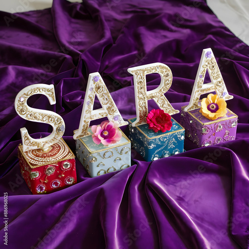 A couple of boxes sitting on top of a purple cloth