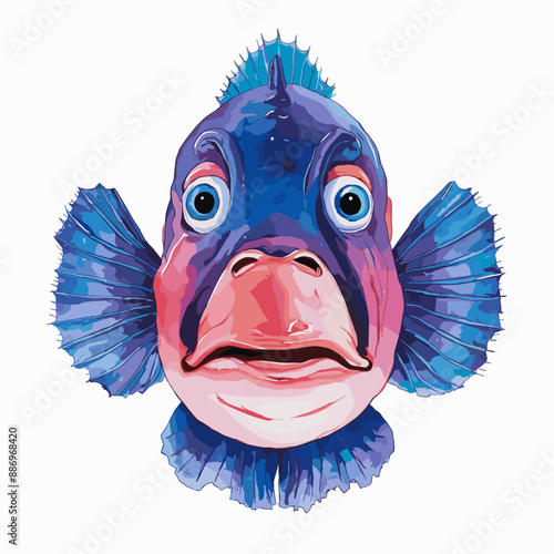 Watercolor aquarium scary surprised fish. Tropical colorful vector illustration of fish isolated on the background