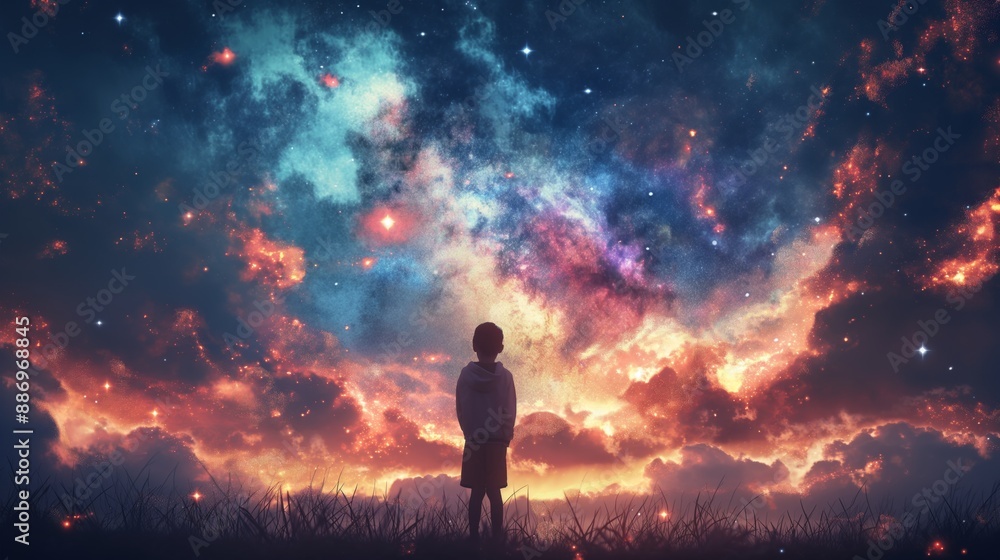 Fototapeta premium young boy under starry sky as background, child dream and hope concept
