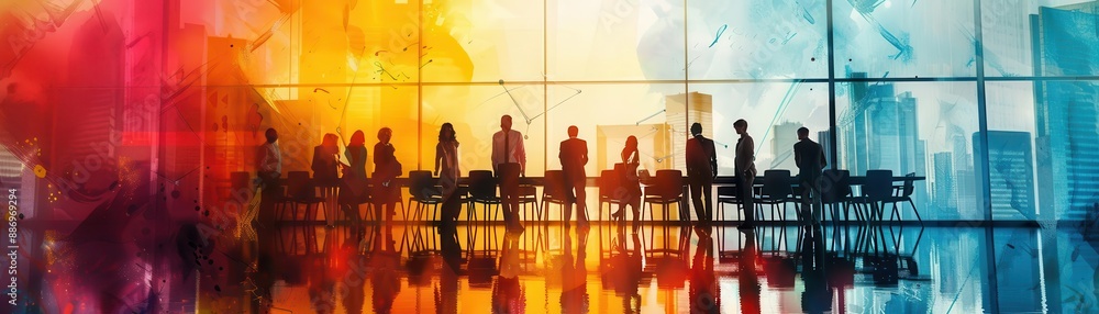 Silhouettes of people stand against a colorful abstract background. Silhouettes of people stand against a colorful abstract background.
