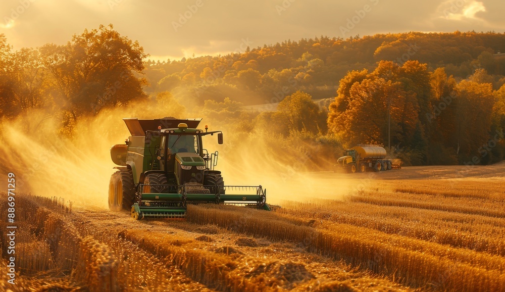 John Deere harvester working in wheat field during golden hour with a beautiful backdrop of autumn trees John Deere harvester working in wheat field during golden hour with a beautiful backdrop of autumn trees