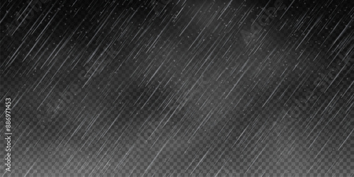 Raindrops on transparent background. Storm with rain and white cloud isolated on transparent background. Downpour, hail rainy weather. Rain and snow, rain and hail png.