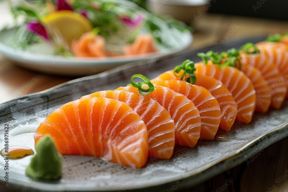 Sashimi slices with garnishes floating elegantly Sashimi slices with garnishes floating elegantly