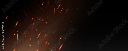 Burning hot sparks effect with embers burning ash and smoke flying in the air. Burning glowing particles. Flame of fire with sparks isolated on a black transparent background. Flame png.