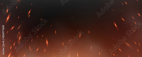 Burning hot sparks effect with embers burning ash and smoke flying in the air. Burning glowing particles. Flame of fire with sparks isolated on a black transparent background. Flame png.