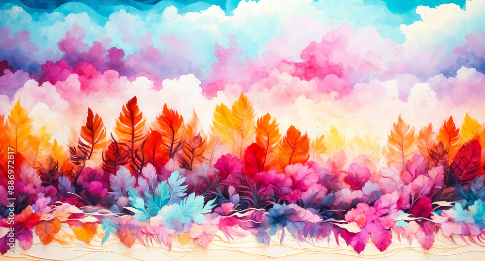 Fototapeta premium Abstract Watercolor Painting of Colorful Feathers and Flowers