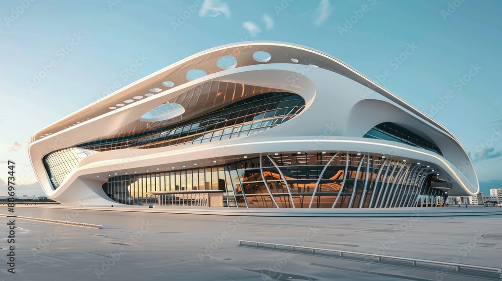 Side view 3D render of football arena exterior, sleek design and detailed textures, bright daytime with clear blue sky. 3D render football arena Side view 3D render of football arena exterior, sleek design and detailed textures, bright daytime with clear blue sky. 3D render football arena