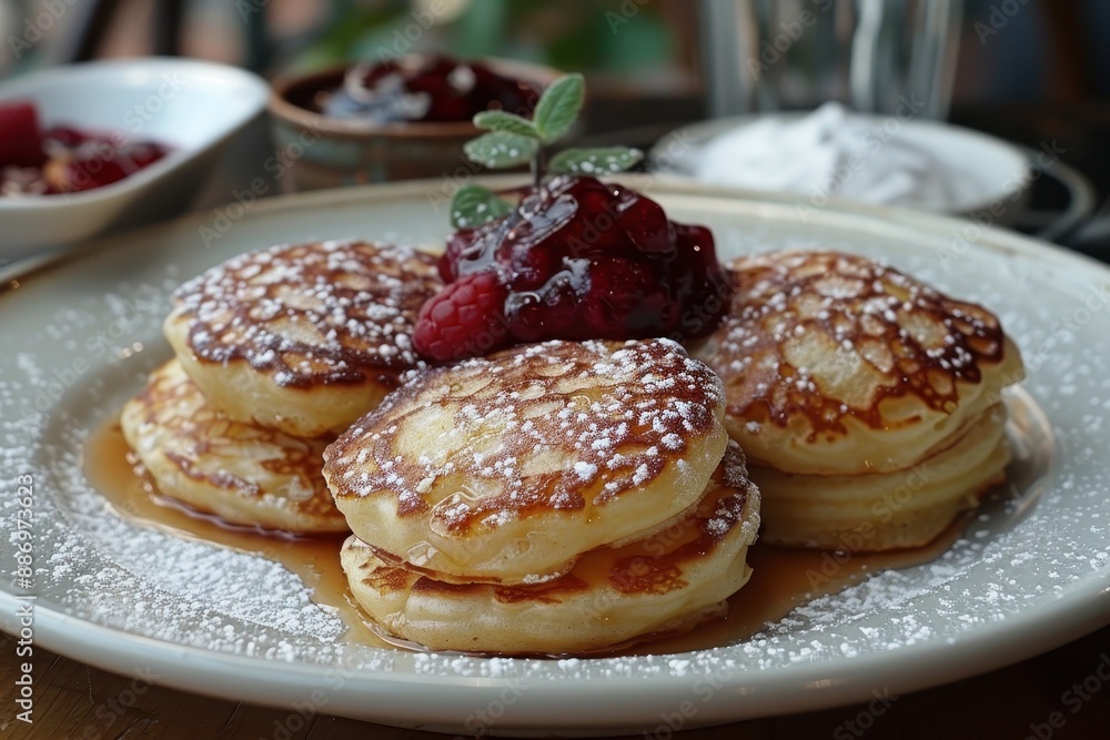 Denmark: Ableskiver Small, round pancakes filled with apples, dusted with powdered sugar, and served with raspberry jam Denmark: Ableskiver Small, round pancakes filled with apples, dusted with powdered sugar, and served with raspberry jam