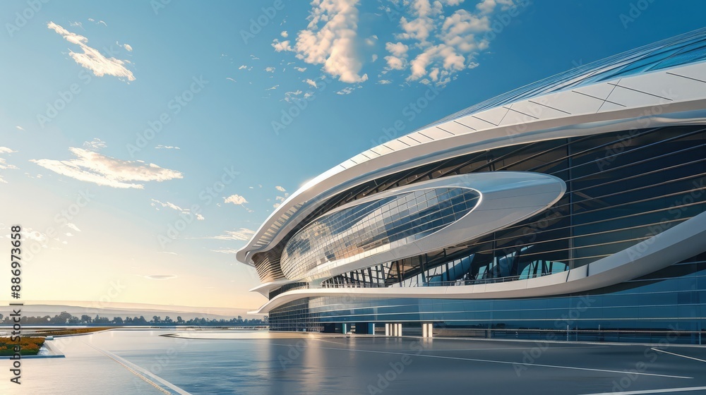 Bright side view 3D render of football arena exterior, sleek design, detailed textures, and clear blue sky. 3D render football arena Bright side view 3D render of football arena exterior, sleek design, detailed textures, and clear blue sky. 3D render football arena