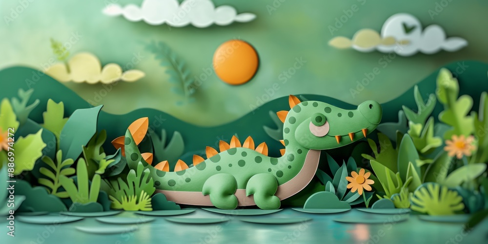 smiling crocodile at river, cute paper cut style illustration, nursery baby animal concept,
smiling crocodile at river, cute paper cut style illustration, nursery baby animal concept,