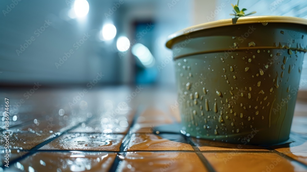 Obraz premium A tight shot of a potted plant on tiled floor, water beads on pot's surface