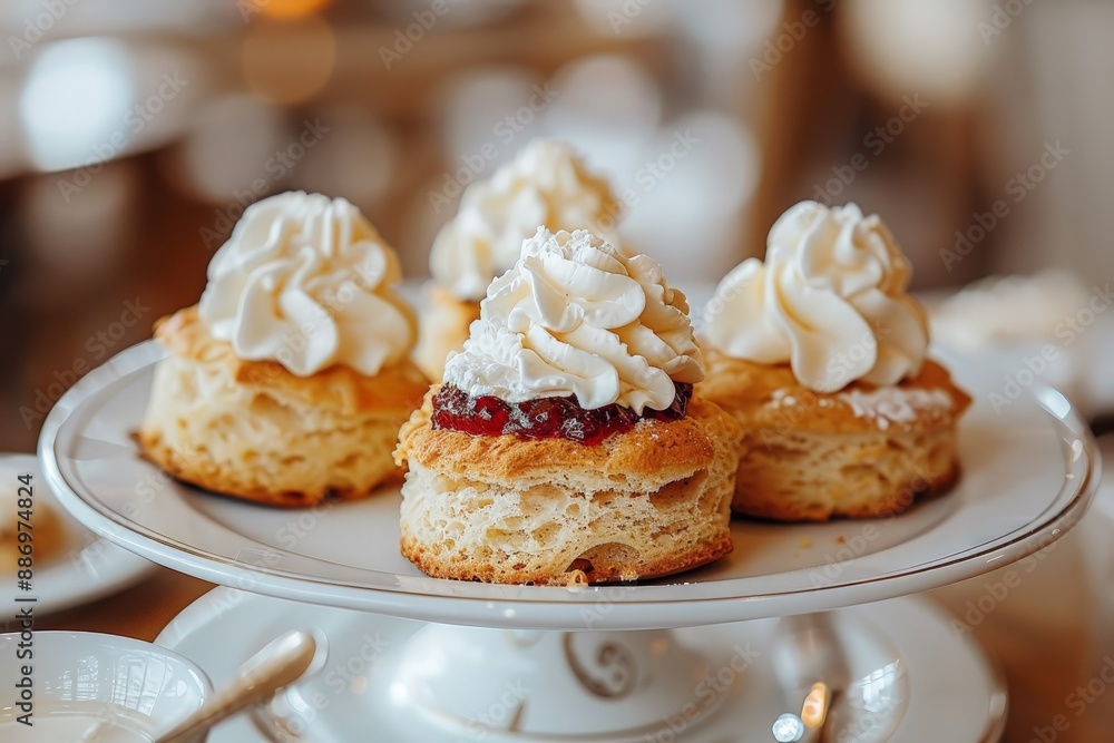 Scones with jam and cream floating elegantly Scones with jam and cream floating elegantly