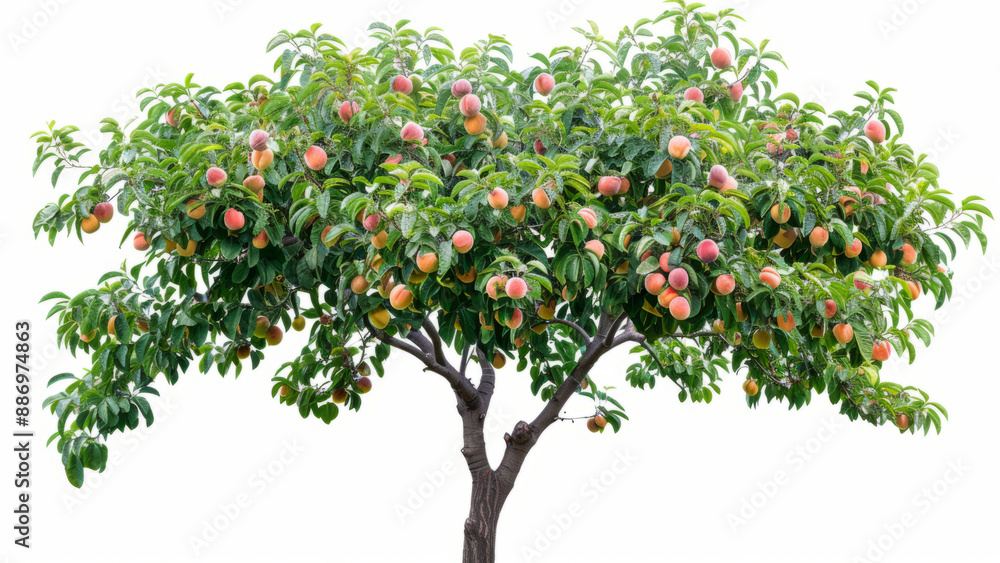 Peach Tree: A highly detailed and realistic photograph of a peach tree with green foliage and ripe peaches, against a completely white backdrop Peach Tree: A highly detailed and realistic photograph of a peach tree with green foliage and ripe peaches, against a completely white backdrop