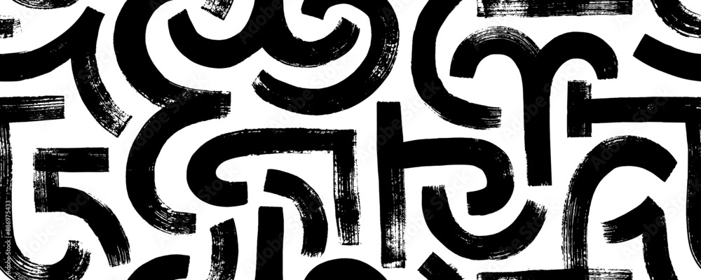 Geometric seamless pattern with bold brush drawn arches and curved strokes. Meander motif, modern greece style ornament. Contemporary seamless pattern with thick arches, texture geometric strokes. Geometric seamless pattern with bold brush drawn arches and curved strokes. Meander motif, modern greece style ornament. Contemporary seamless pattern with thick arches, texture geometric strokes.