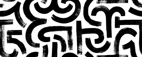 Geometric seamless pattern with bold brush drawn arches and curved strokes. Meander motif, modern greece style ornament. Contemporary seamless pattern with thick arches, texture geometric strokes.