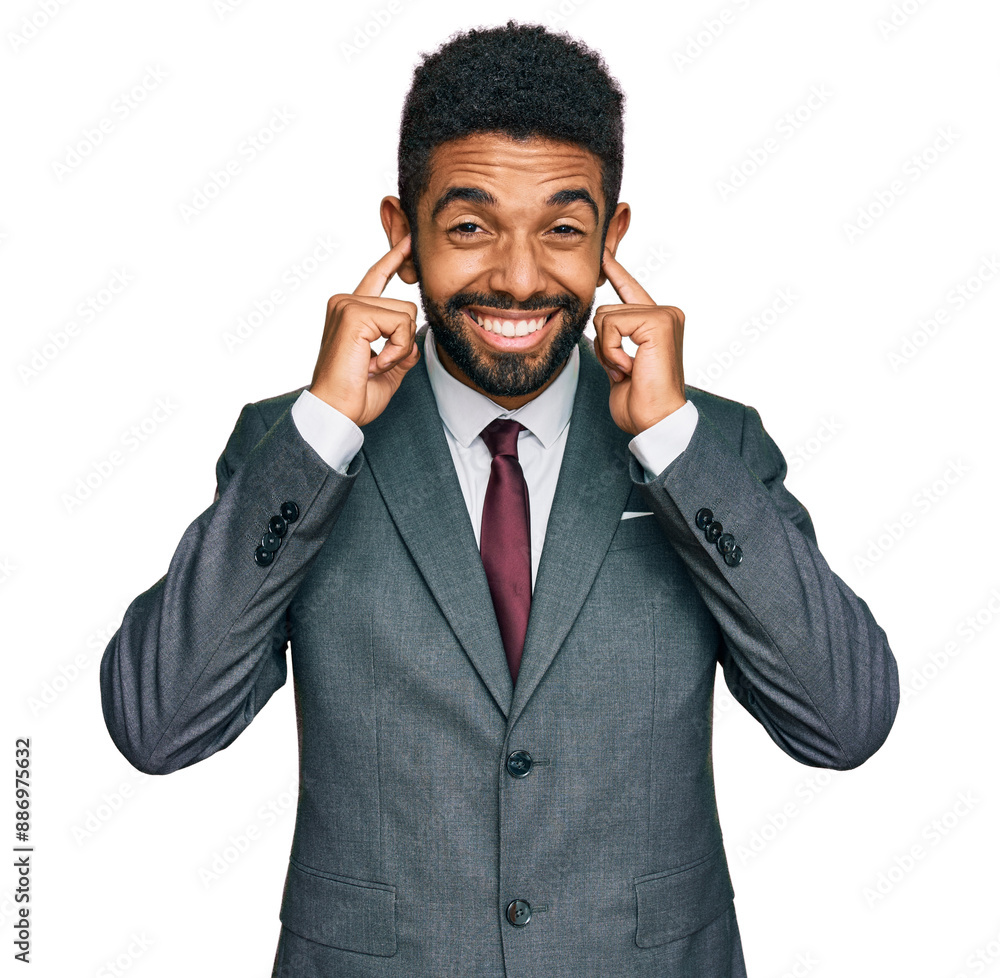Young african american man wearing business clothes covering ears with fingers with annoyed expression for the noise of loud music. deaf concept.