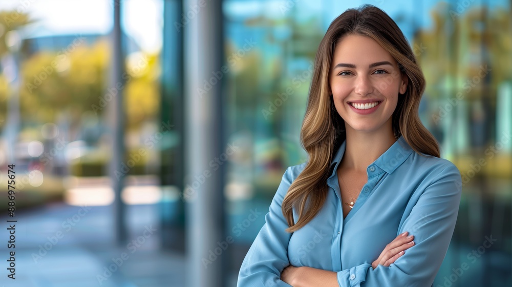 Portrait of a woman smiling with arms crossed in front of a business building. Portrait of a woman smiling with arms crossed in front of a business building.