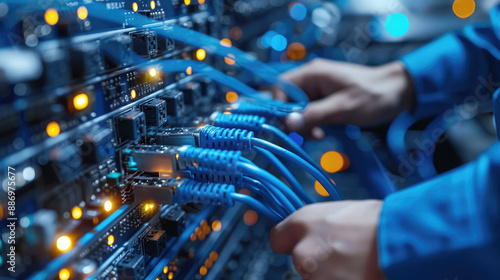 connecting network cables to computer server