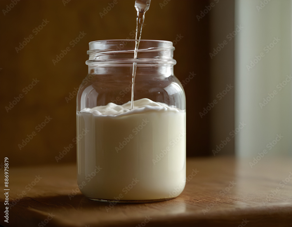 Luxurious Face Pouring Fresh Yogurt into a Glass Jar: Cozy and NaturalCream: Open Jar on a Peach Background