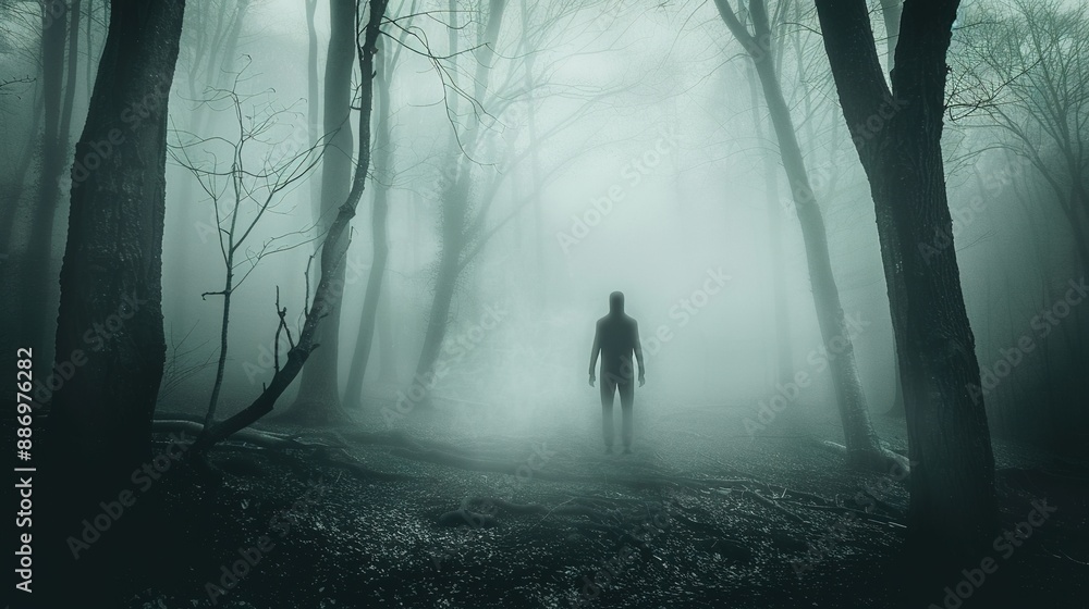Fototapeta premium Solitary Figure Walking Through Dense Fog In A Forest
