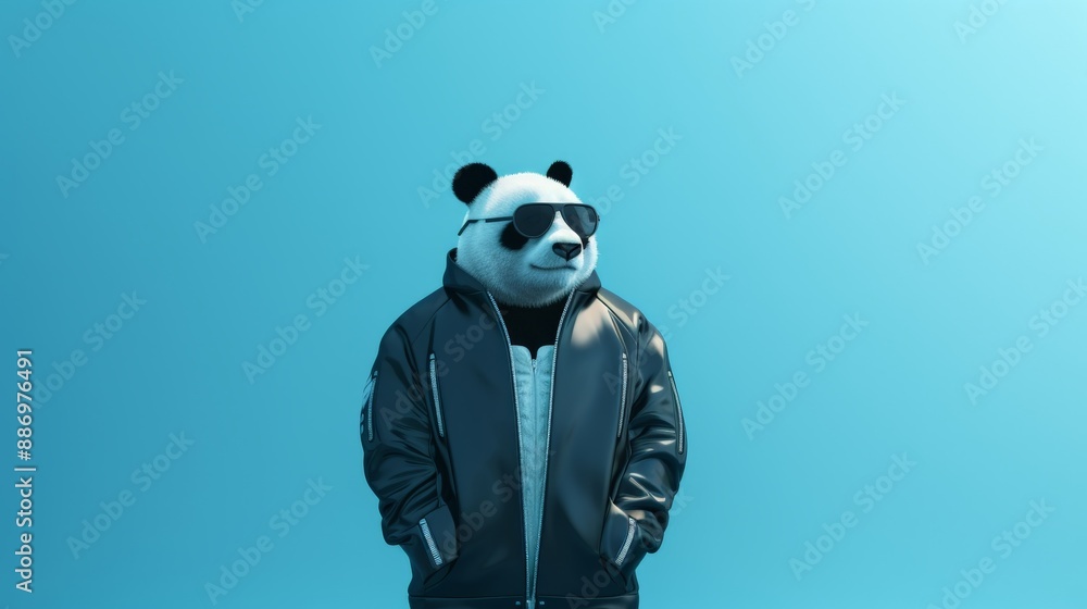 A panda wearing sunglasses and a leather jacket stands against a blue backdrop A panda wearing sunglasses and a leather jacket stands against a blue backdrop