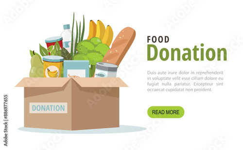 Food in donation box on white background. Web banner