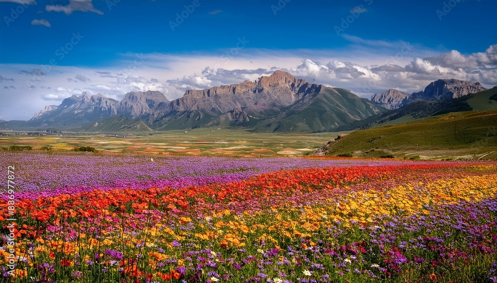Fototapeta premium Expansive Plateau with Vibrant Flower Fields and Distant Mountain Range. Generative AI