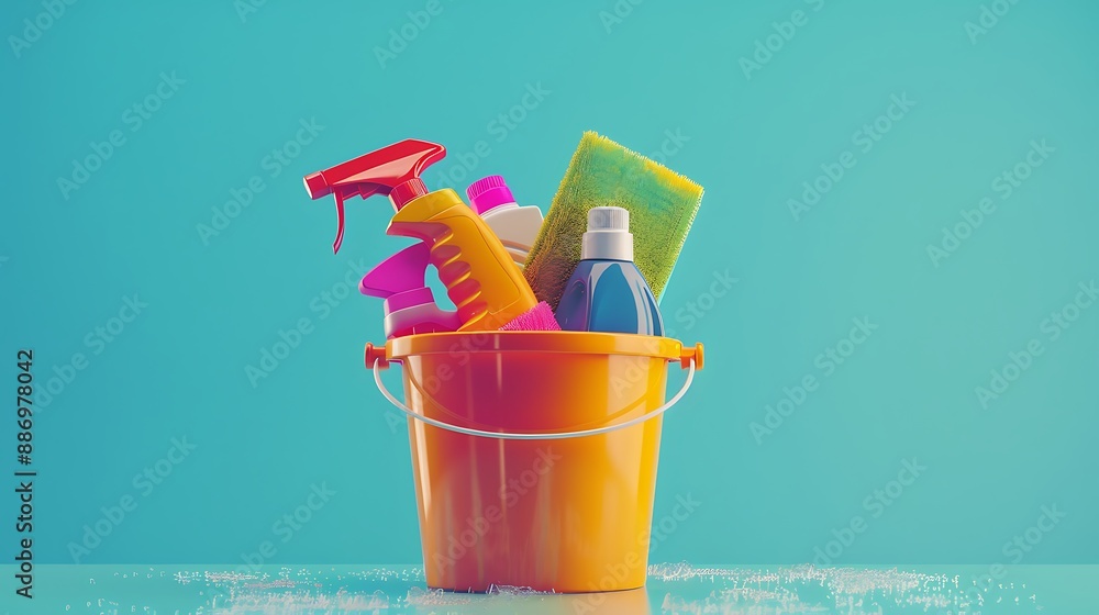 Cleaning products in bucket on blue background Cleaning products in bucket on blue background