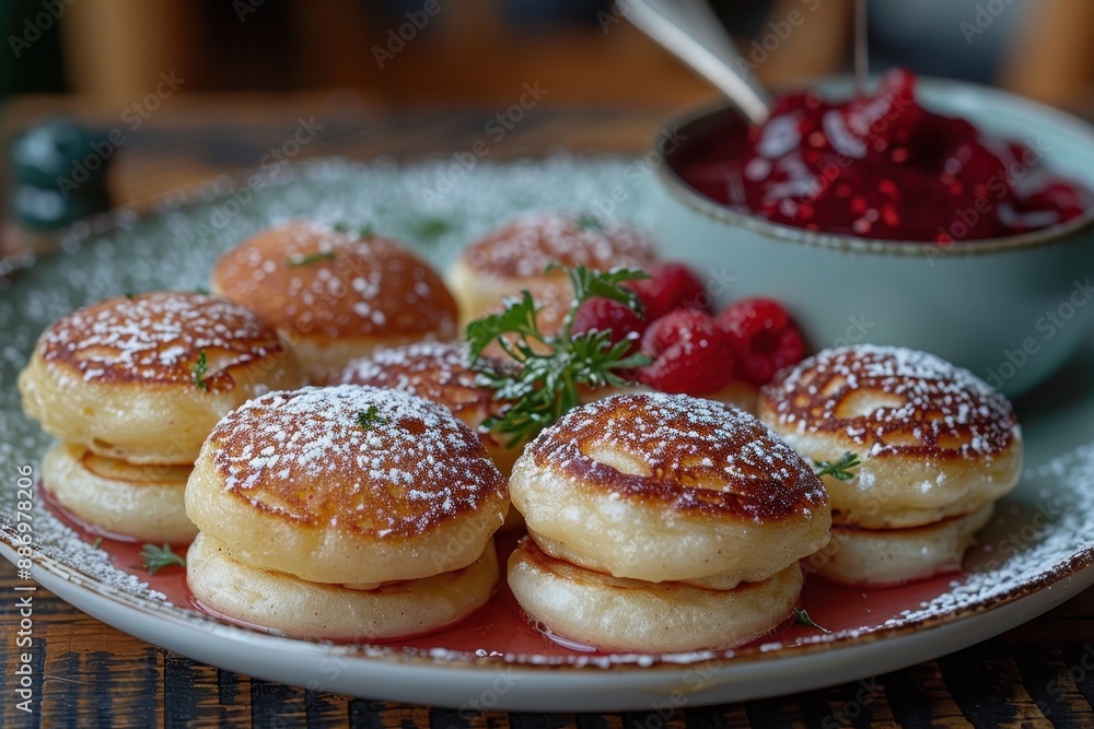 Denmark: Ableskiver Small, round pancakes filled with apples, dusted with powdered sugar, and served with raspberry jam Denmark: Ableskiver Small, round pancakes filled with apples, dusted with powdered sugar, and served with raspberry jam