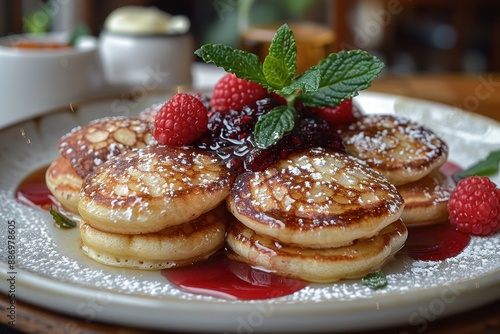 Denmark: Ableskiver Small, round pancakes filled with apples, dusted with powdered sugar, and served with raspberry jam photo