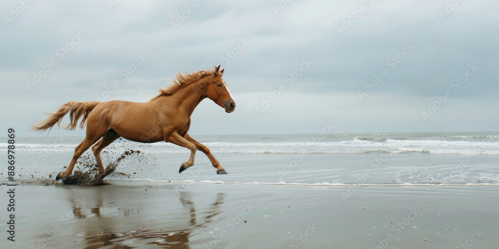 A beautiful bay horse gallops along the ocean beach. Splashes of sea waves from the hooves. A beautiful bay horse gallops along the ocean beach. Splashes of sea waves from the hooves.