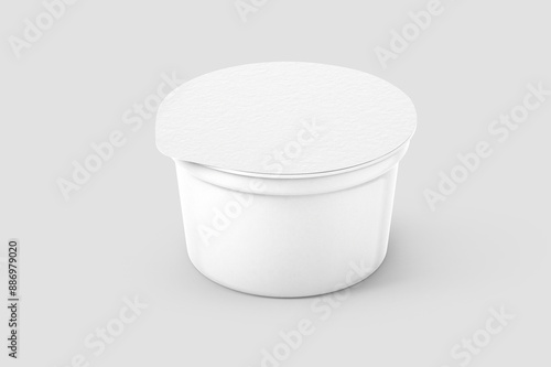Obraz na płótnie White Plastic Yoghurt Jar With Foil Cover container with foil cap for dessert, yogurt, ice cream, sour cream, snack, butter, margarine or cheese, Mock Up Template 3D rendering 3D illustration w salonie