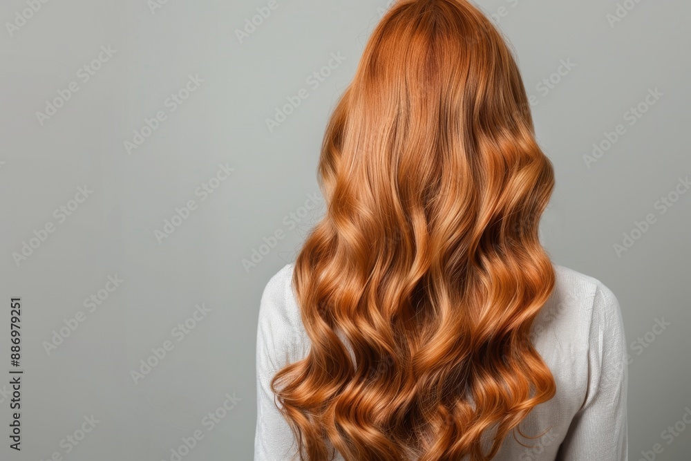 Naklejka premium Back of woman's head with long, red black wavy straight hair in an elegant salon setting. The focus is on her hairstyle and color Perfectly styled blonde curls, showcasing hair beauty and care.