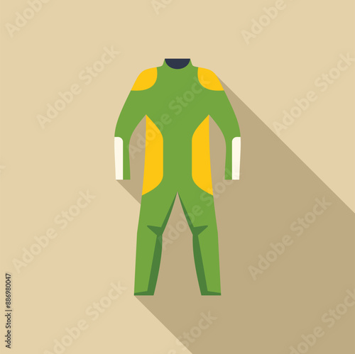 Green protective suit for professional sports, isolated on a beige background with a long shadow