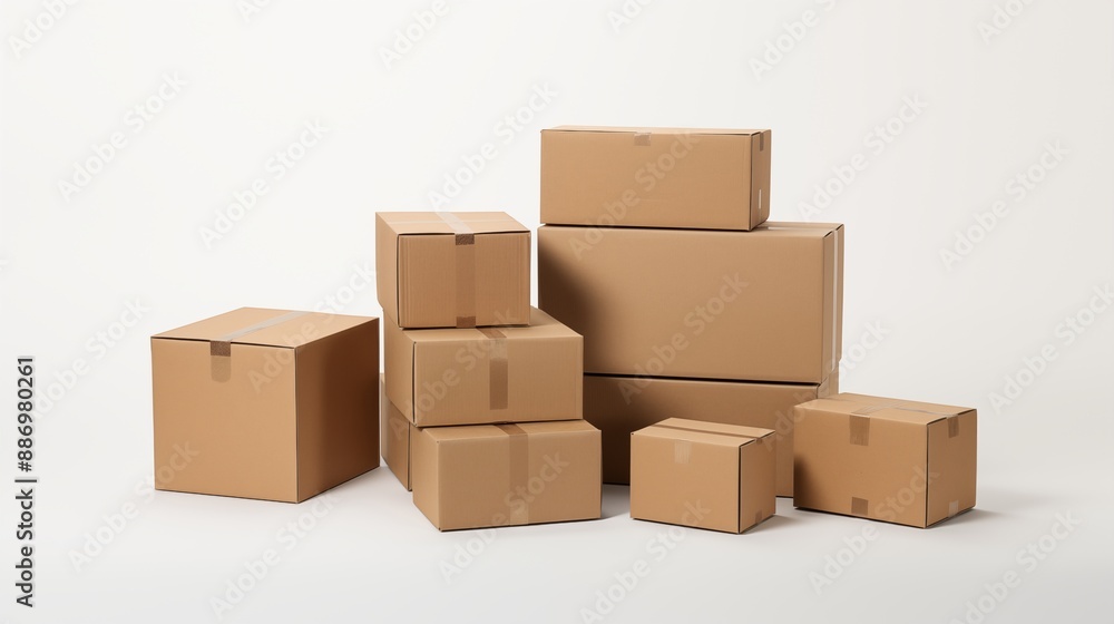 Various cardboard boxes for shipping, isolated, white background, mockup Various cardboard boxes for shipping, isolated, white background, mockup