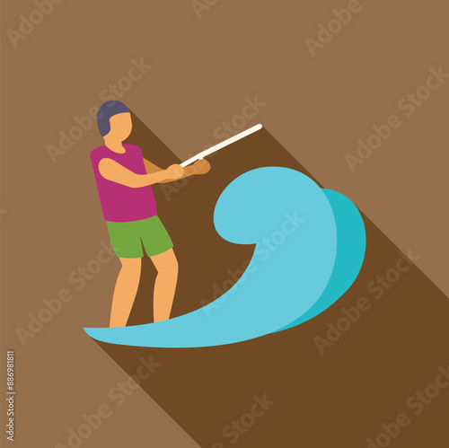 Young man wakeboarding on blue wave holding rope, enjoying a summer day of watersports