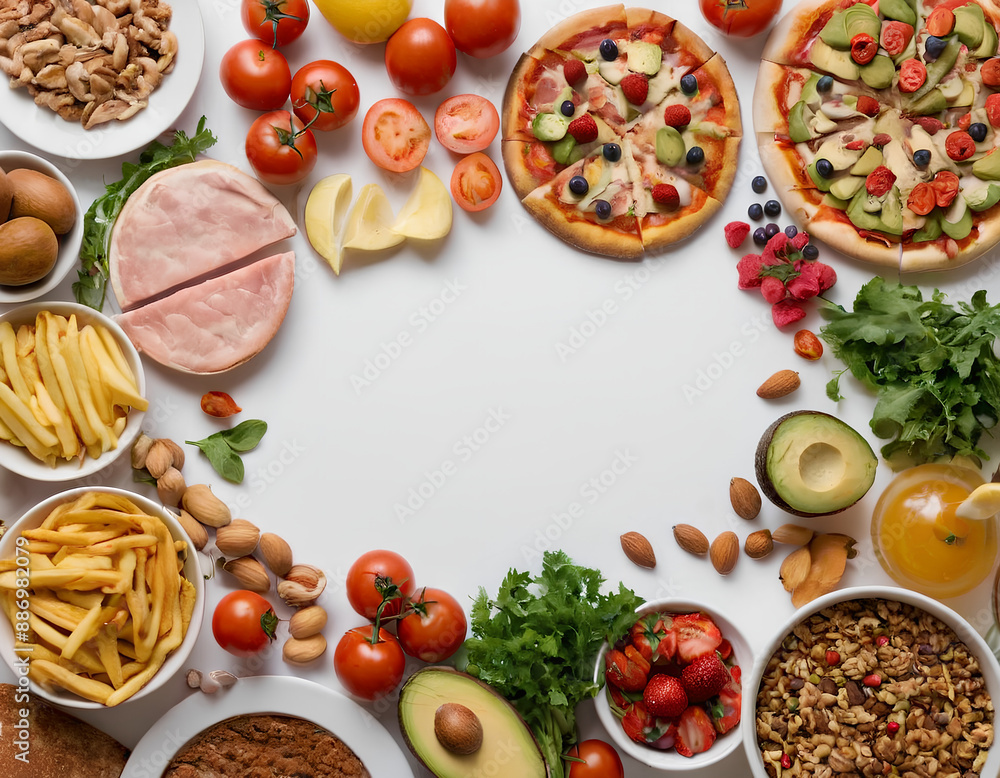 Colorful Food Frame: Healthy and Delicious Ingredients with Pizza Colorful Food Frame: Healthy and Delicious Ingredients with Pizza