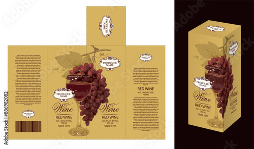 vector mockup template of cardboard packaging box for red wine with realistic pattern of grapes and glass on gold background.